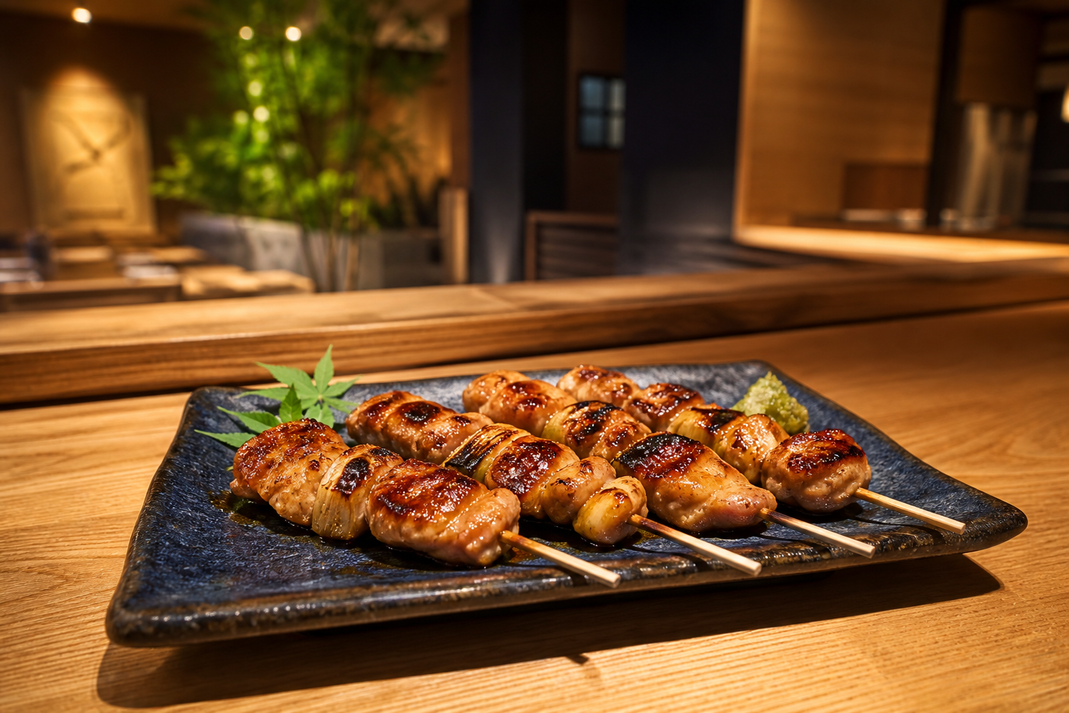 炭火で焼いた焼き鳥を盛り付けた架空店舗の料理写真